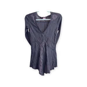 Burning Torch Vintage Upcycled  Patchwork Mesh Long Sleeve V-Neck Tee, P